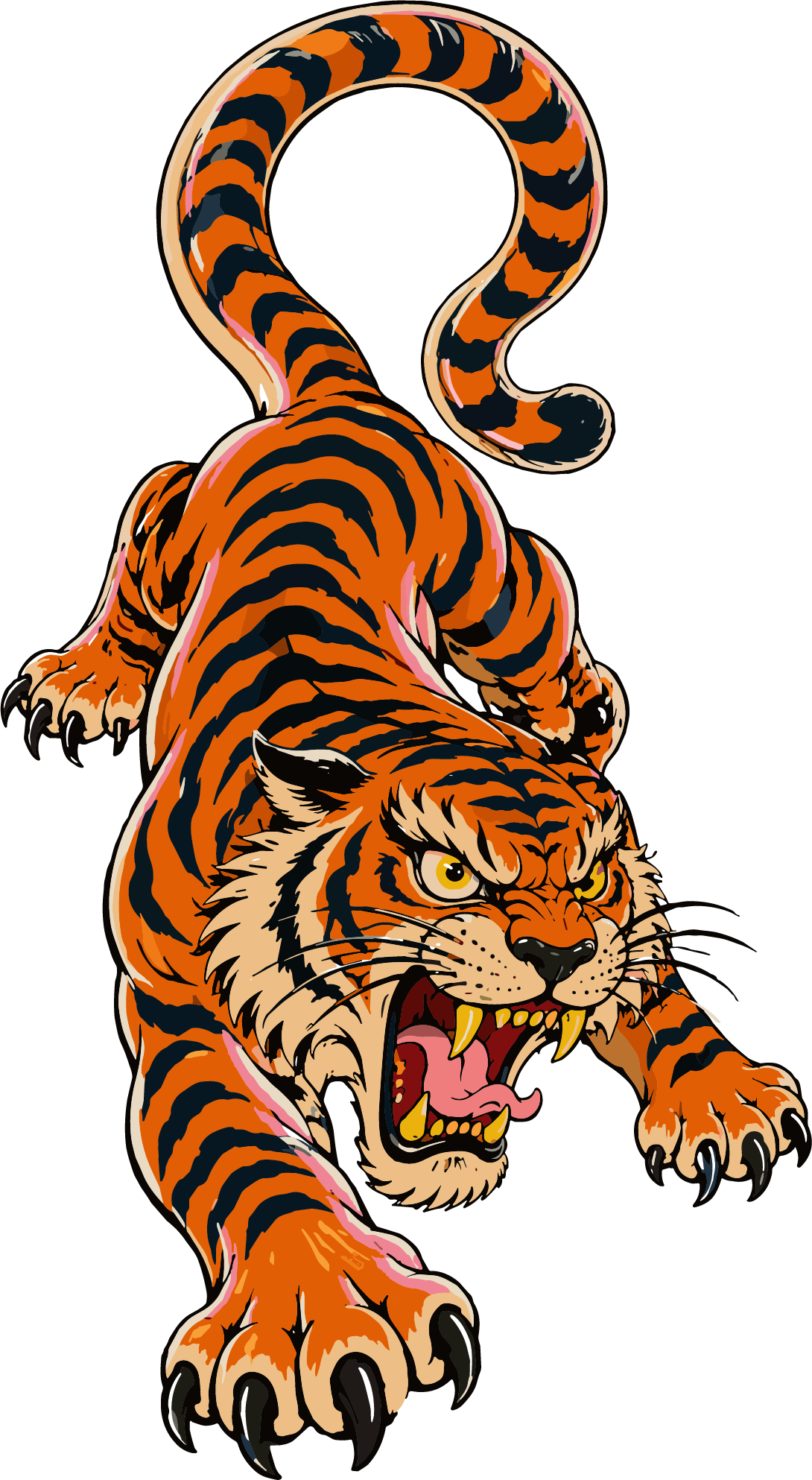 Sterling Tiger Cottages Illustration of a fierce, snarling tiger with sharp teeth, extended claws, and bold orange and black stripes.